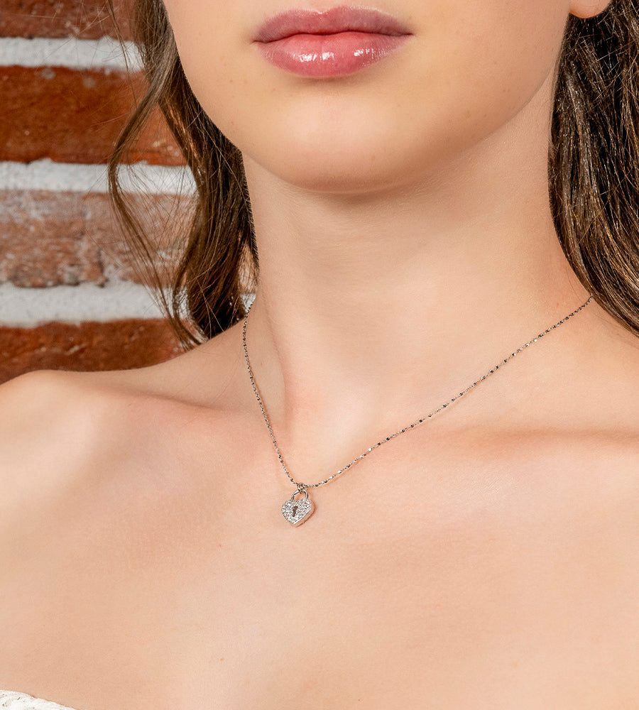 Heartlock – Collana acciaio con lucchetto cuore pavé